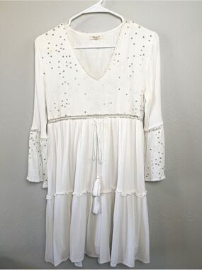 Paani White Tiered Sequin Beaded Bell Sleeve Mini Dress Size M Boho